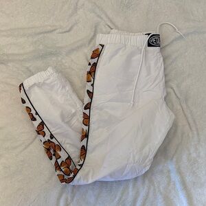 White Butterfly-Trim Track Joggers with Drawstring Waist